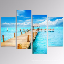 5 painéis Arte azul ensolarada da parede do Seascape / ponte de madeira no impressão das canvas do mar / arte da parede da lona da praia